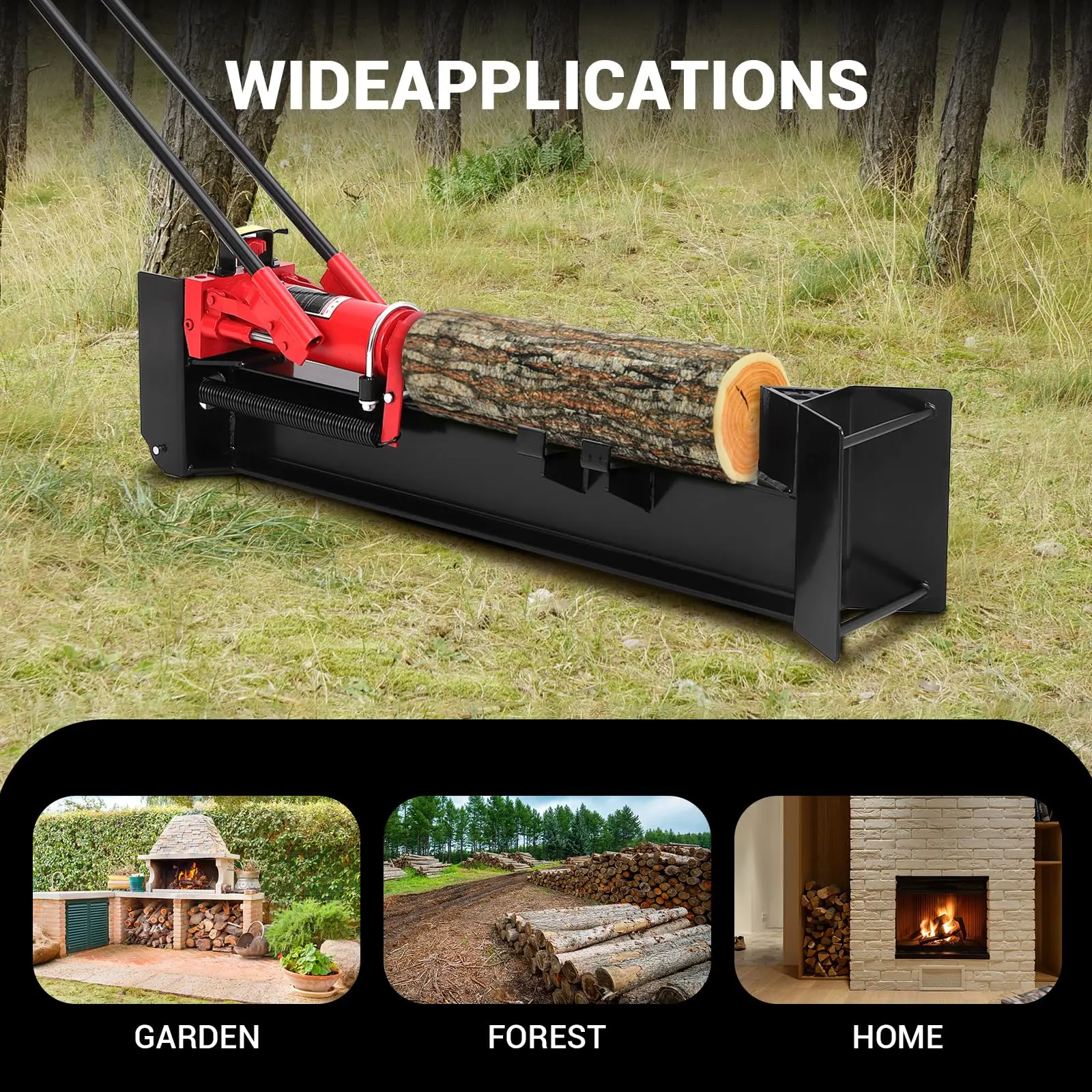 12 Ton Manual Hydraulic Log Splitter, Heavy Duty Steel Wood Cutter, Portable Horizontal Beam with Wheels, Spring Return Non-Electric Firewood Splitting Tool