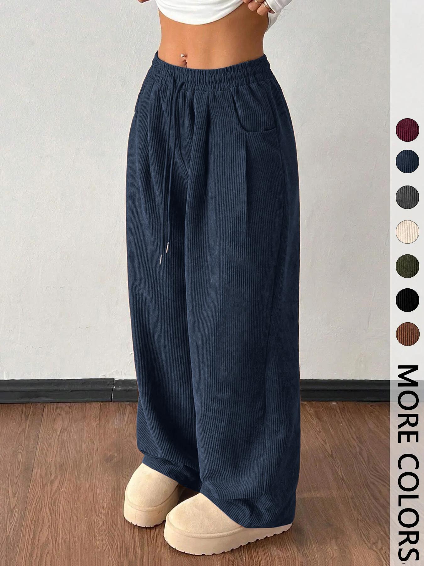 Women's Vintage Loose-Fitting Solid Corduroy Drawstring Pants, Casual All-Season Straight Leg Trousers for Autumn & Winter Valentine's Day
