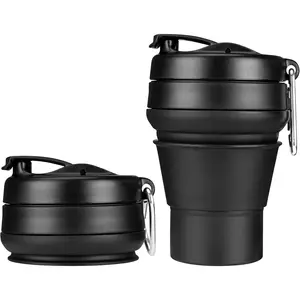 Collapsible Coffee Cup, 16 OZ 480ml Large Silicone Folding Camping Mug, Leak Proof BPA Free Portable, Travel Bottle with Lids for hiking, Microwave & Dishwasher Safe (Black)