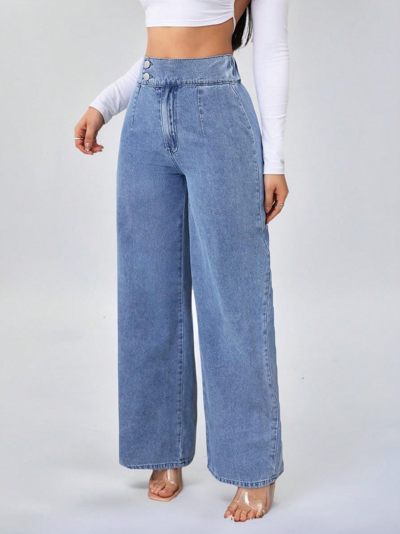 Women's Vintage Elegant High Waist Wide Leg Jeans, Button Front Elastic Waist Loose Fit, Casual Fashion Pants for All Seasons