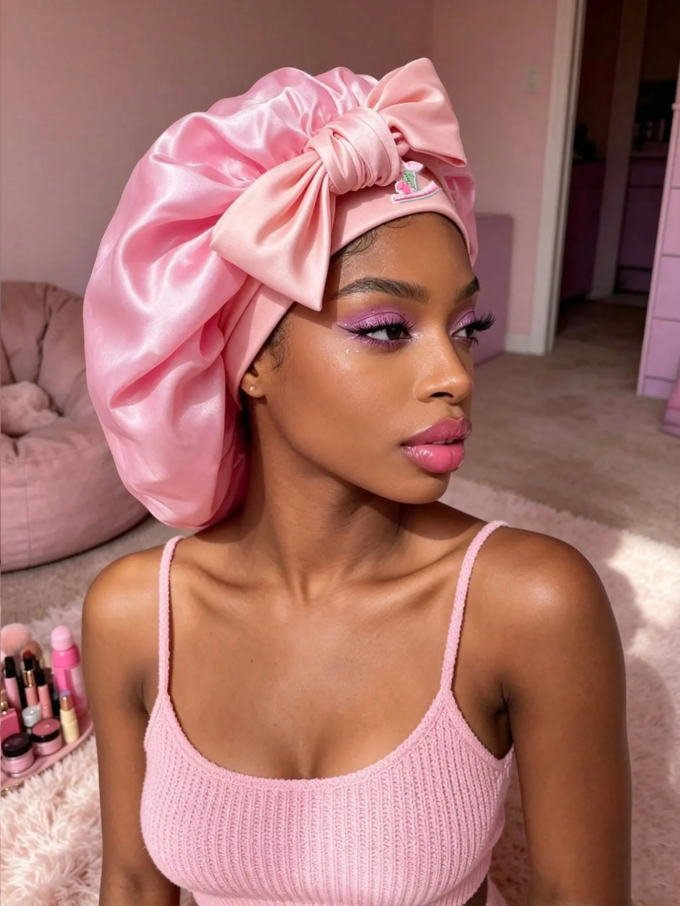 1PC Women A-Z Custom Letter Satin Sleep Bonnet, Tie Bow with Drawstring Night Cap, Soft Silk Hair Wrap Headwear, Elastic Band Hair Cover, Great for Sleep Care, Skincare Routine & Daily Hair Protection