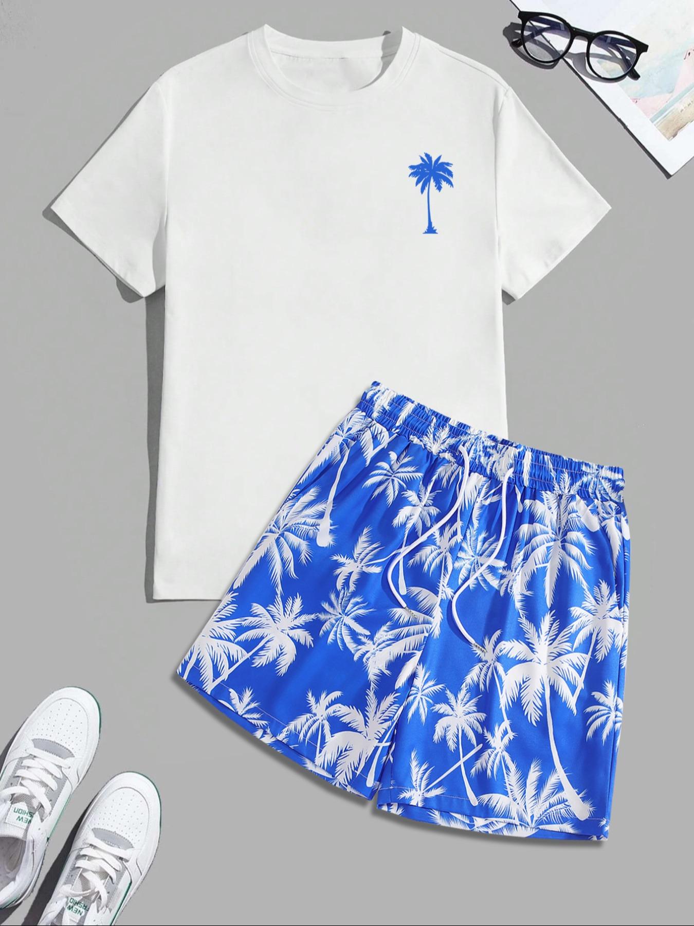 Men's Regular Fit Letter Print Shortsleeve Tee & Tropical Print Shorts Set, Casual Short Sleeve T-shirt & Drawstring Waist Shorts, Summer Clothes Set for Men, Homewear, Casual Lounge Set, Menswear, Pajamas Sleepwear
