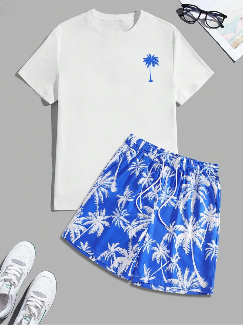 Men's Regular Fit Letter Print Shortsleeve Tee & Tropical Print Shorts Set, Casual Short Sleeve T-shirt & Drawstring Waist Shorts, Summer Clothes Set for Men, Homewear, Casual Lounge Set, Menswear, Pajamas Sleepwear