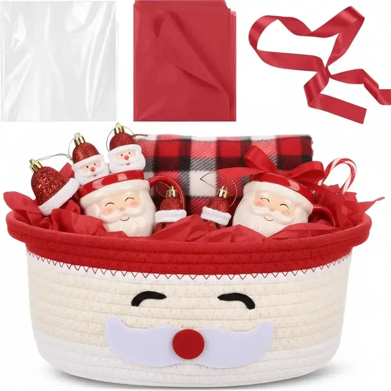 1-Piece Christmas Woven Basket Set, Cute Snowman Snack And Candy Storage Basket, Suitable For Christmas Gift Decoration, Party Gift Basket, With Handle, Gift Bag, Ribbon, Multi-Purpose Basket, Durable, Suitable For Christmas Party Gifts