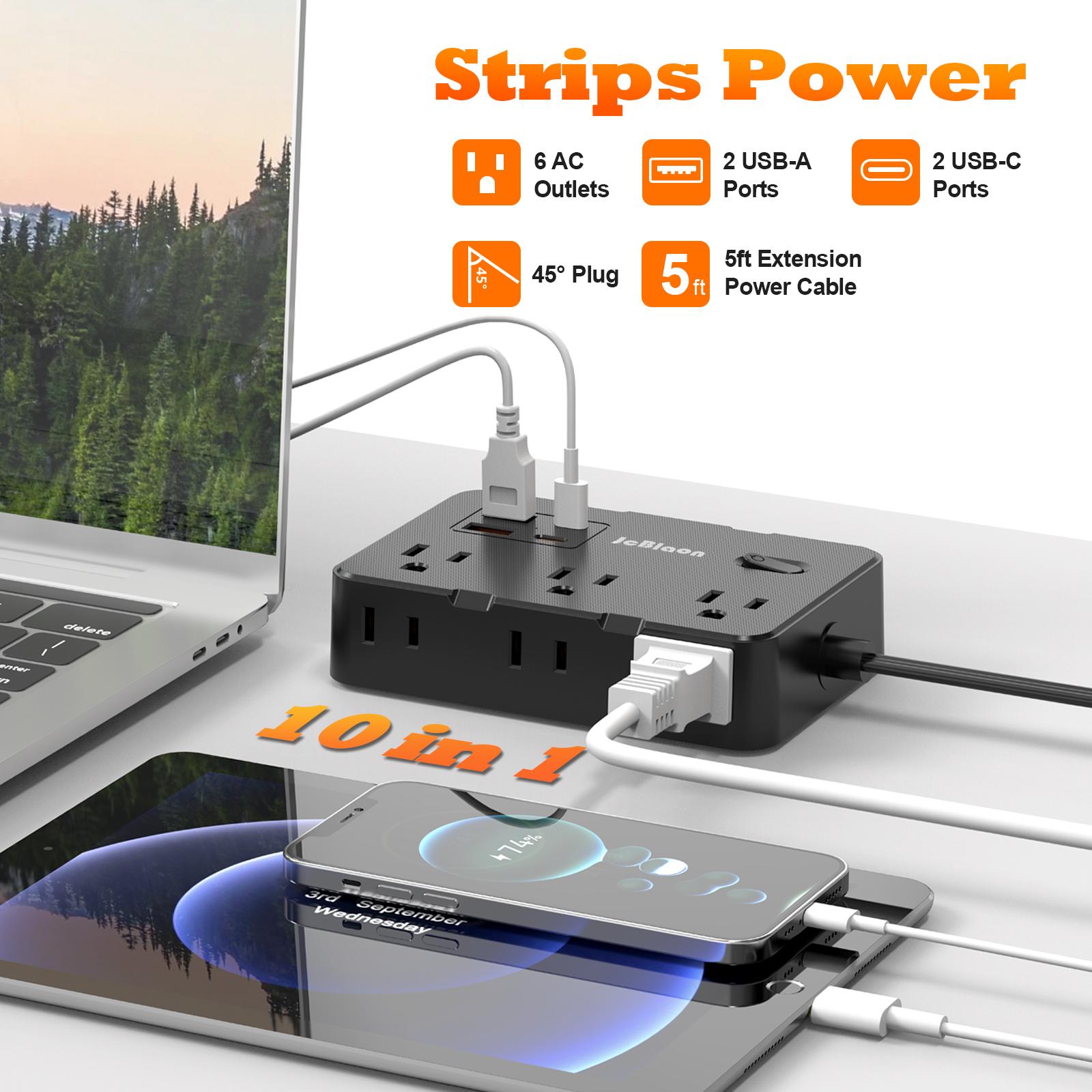 6-Outlet Power Strip with 4 USB Ports (2 USB-C), 5FT Flat Cord, 45° Angled Plug, Ultra Thin 0.14in, Overload Protection for Home Office