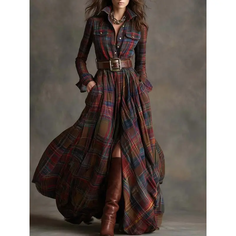 Women's Vintage Collared Long Sleeve Flowy Plaid Fabric Evening Maxi Dress