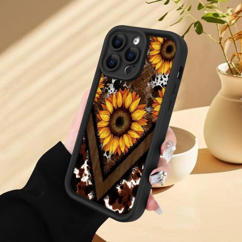 Creative - Western Leopard Print And Sunflower - for Iphone17/ 16/15/14/13/12/11 XS XR X Plus Pro Max - Black TPU Soft Case, Phone Accessories, Accessories Durable Protection