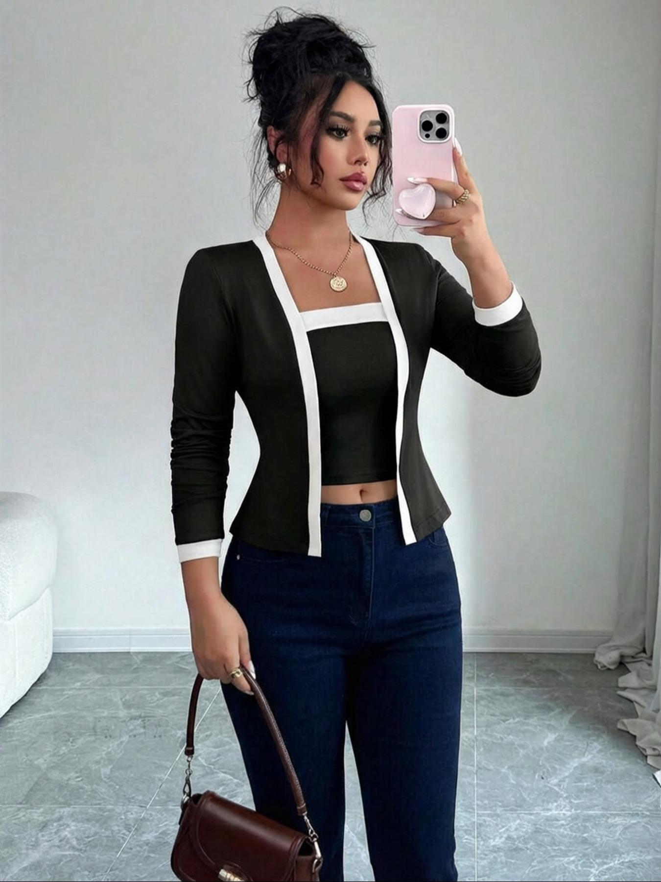 Women's Elegant Long Sleeve Slim Fit Knit Top, & Colorblock Square Neck Short Sweater for Daily Wear, Office Commute, Dating