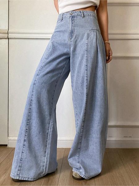 Women's Fashionable Elastic Comfortable Straight Leg Wide-Leg Woven Denim Jeans Pants, Plain Pattern, Fitted Style, All Seasons Wear