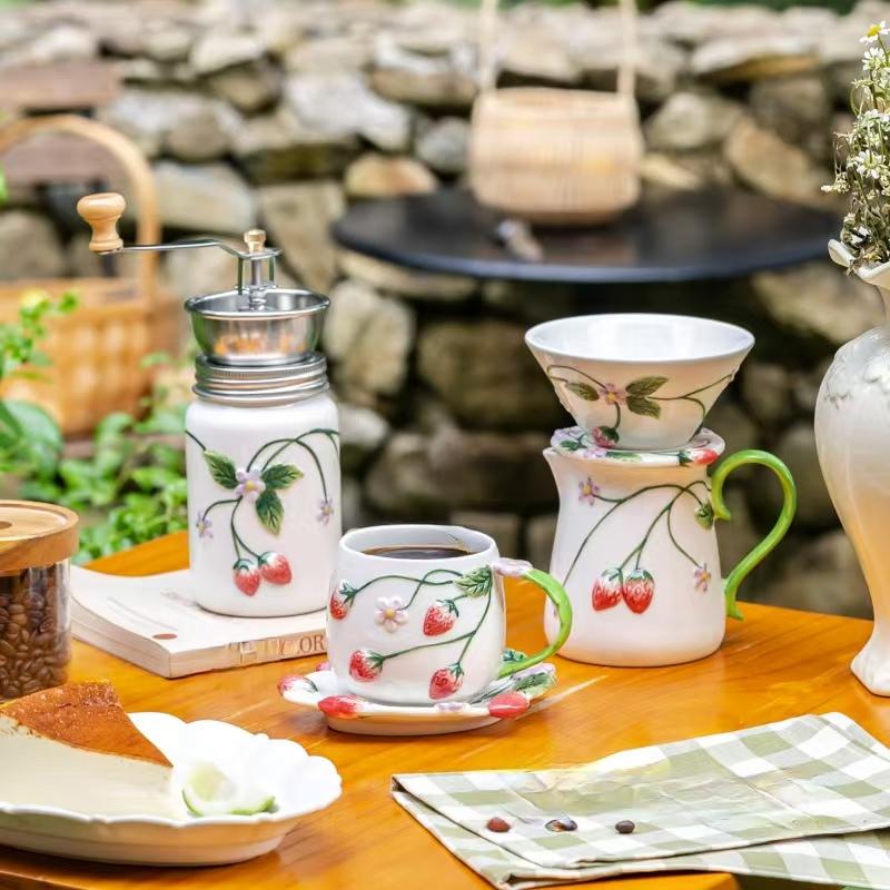 Strawberry Ceramic Hand-Crank Coffee Grinder Set, Home Manual Pour-Over Coffee Maker, Milk Jug, Cup & Saucer Series
