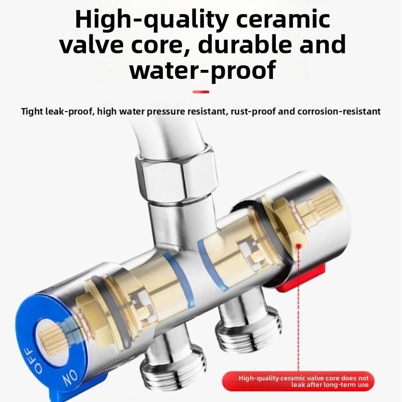 Household tap water faucet one inlet two outlets three-way water splitter, 4-point universal interface double-headed diverter valve, garden irrigation hose adapter labor-saving accessory