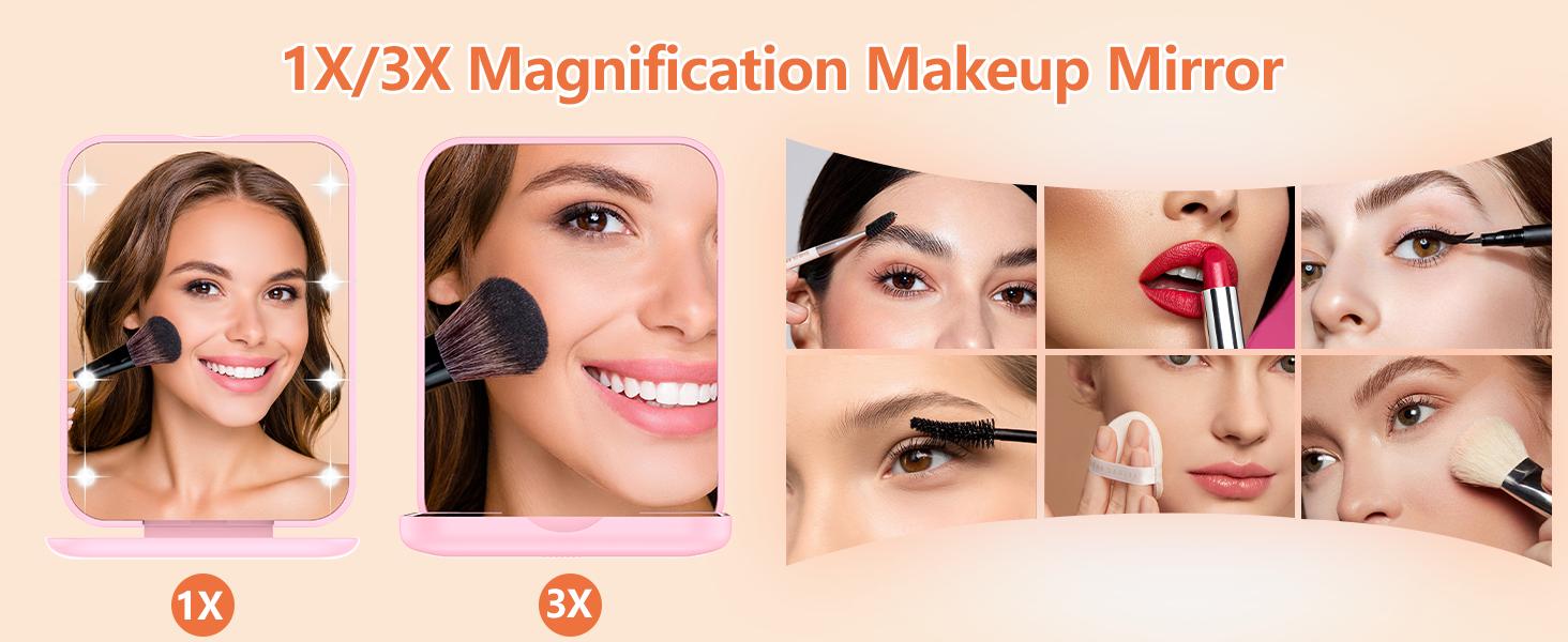 LED Pocket Mirror Travel Mirror with Light 1x/3x Magnification Compact Mirror LED Travel Mirror Lighted Compact Mirror Portable for Handbag, Purse, Pocket, LED Handheld 2 Sided Folding Mirror for Purse Gift