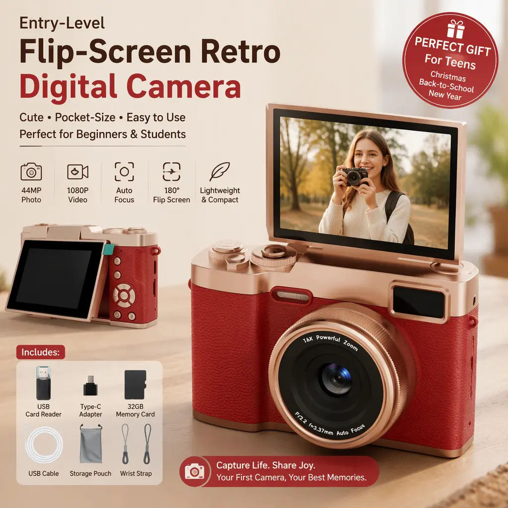 Teen‑Gift Flip‑Screen Retro Pocket Digital Camera, Entry‑Level Student Beginner Camera with Creative Filters, Memory Card Included, Compact for Christmas, Back‑to‑School & New Year Gifting