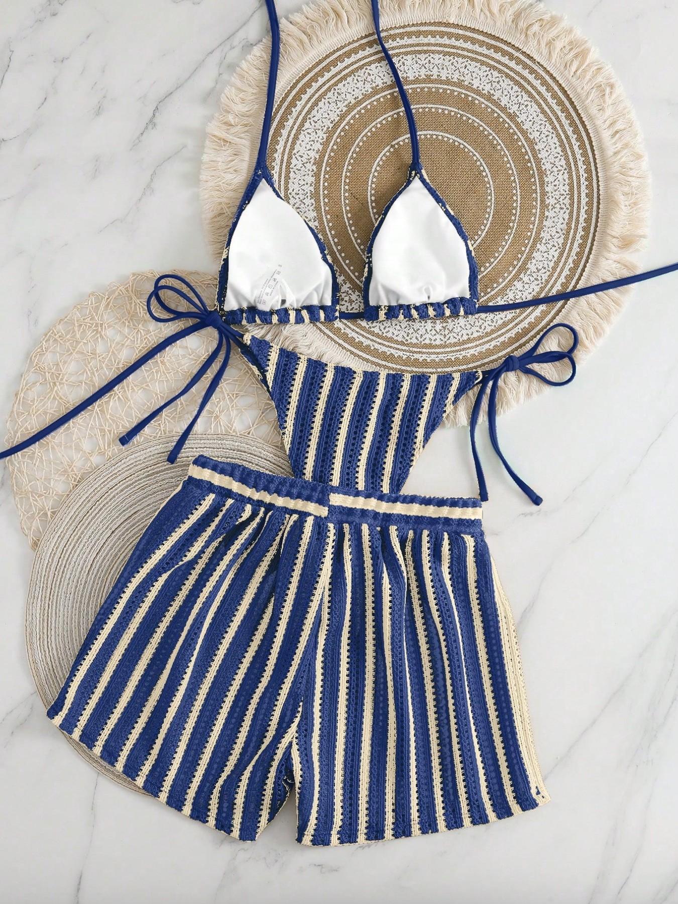 Women's Sweet Spicy Blue Striped Knit Three-Piece Swimsuit Set, High-Waisted Shorts, Sleeveless, Casual Beach Vacation, Halter Bikini Set