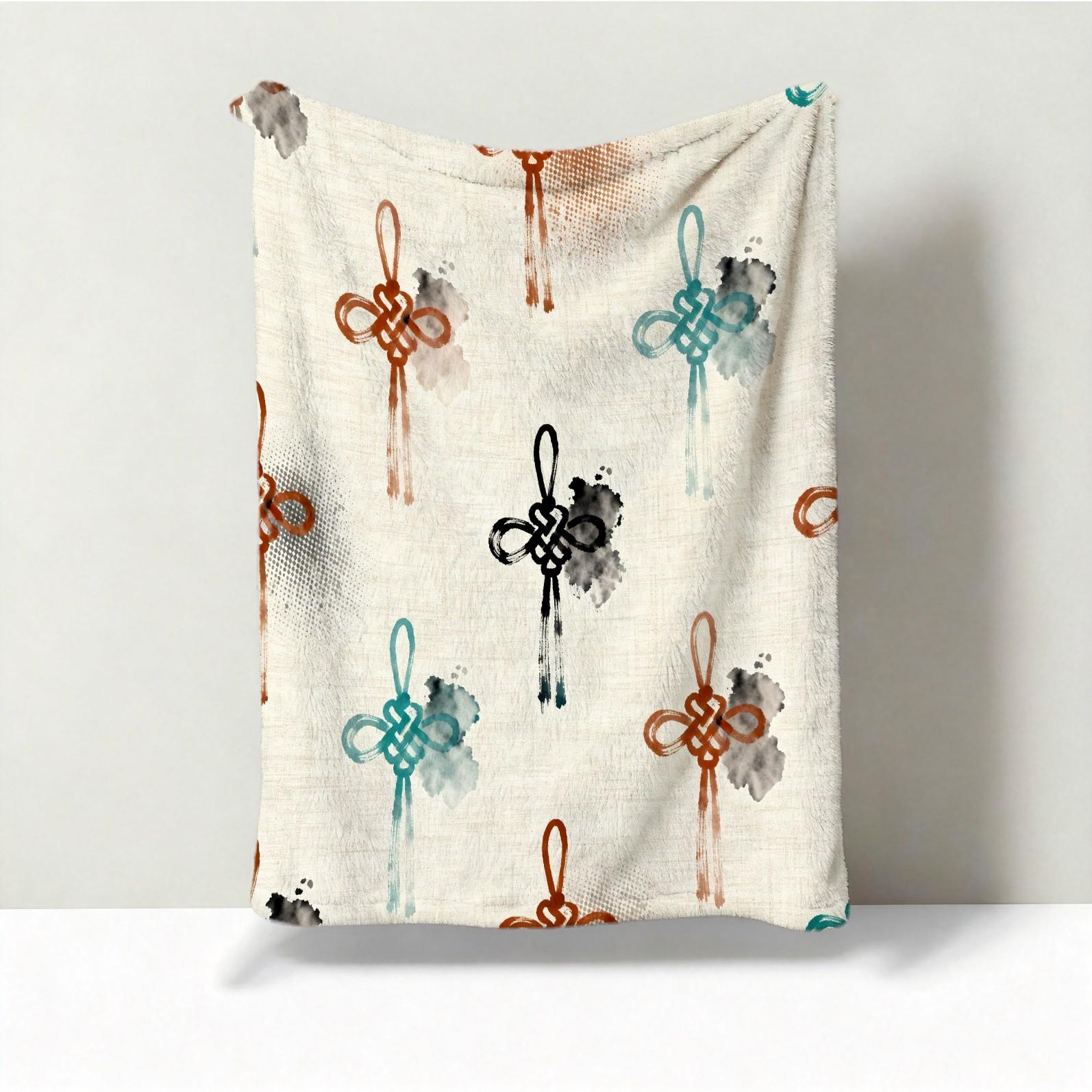 1 Piece Chinese Knot Watercolor Single-Sided Print Flannel Blanket, HD Digital Single-Sided Printed Ultra Soft Plush Blanket, Warm and Cozy Multipurpose Blanket for Sofa, Bed and Travel, Ideal All-Season Gift Blanket
