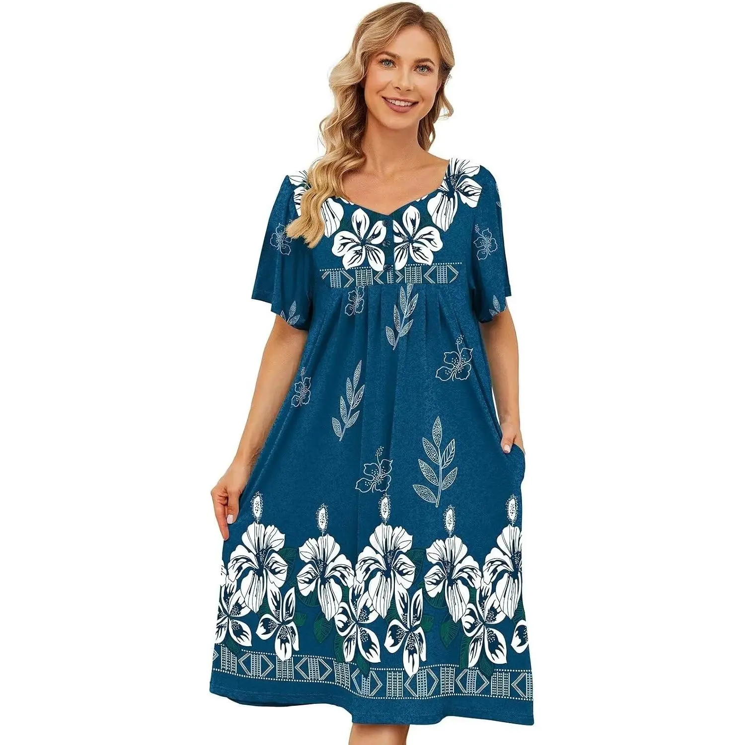 House Dresses for Women with Pockets Nightgown Short Sleeve Mumu Dress Lounge Dress S-5XL