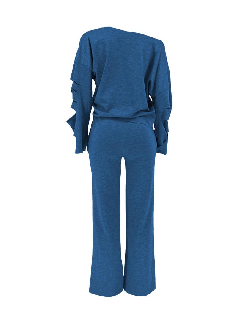 Women's Ripped Asymmetrical Neck Pullover & Wide Leg Pants Set, Solid Drop Shoulder Top & Ripped Trousers Set, Fashion Cozy Outfits for Daily Wear, Co-ord Sets for Women, Sweatsuit Set Outfit, Clothes