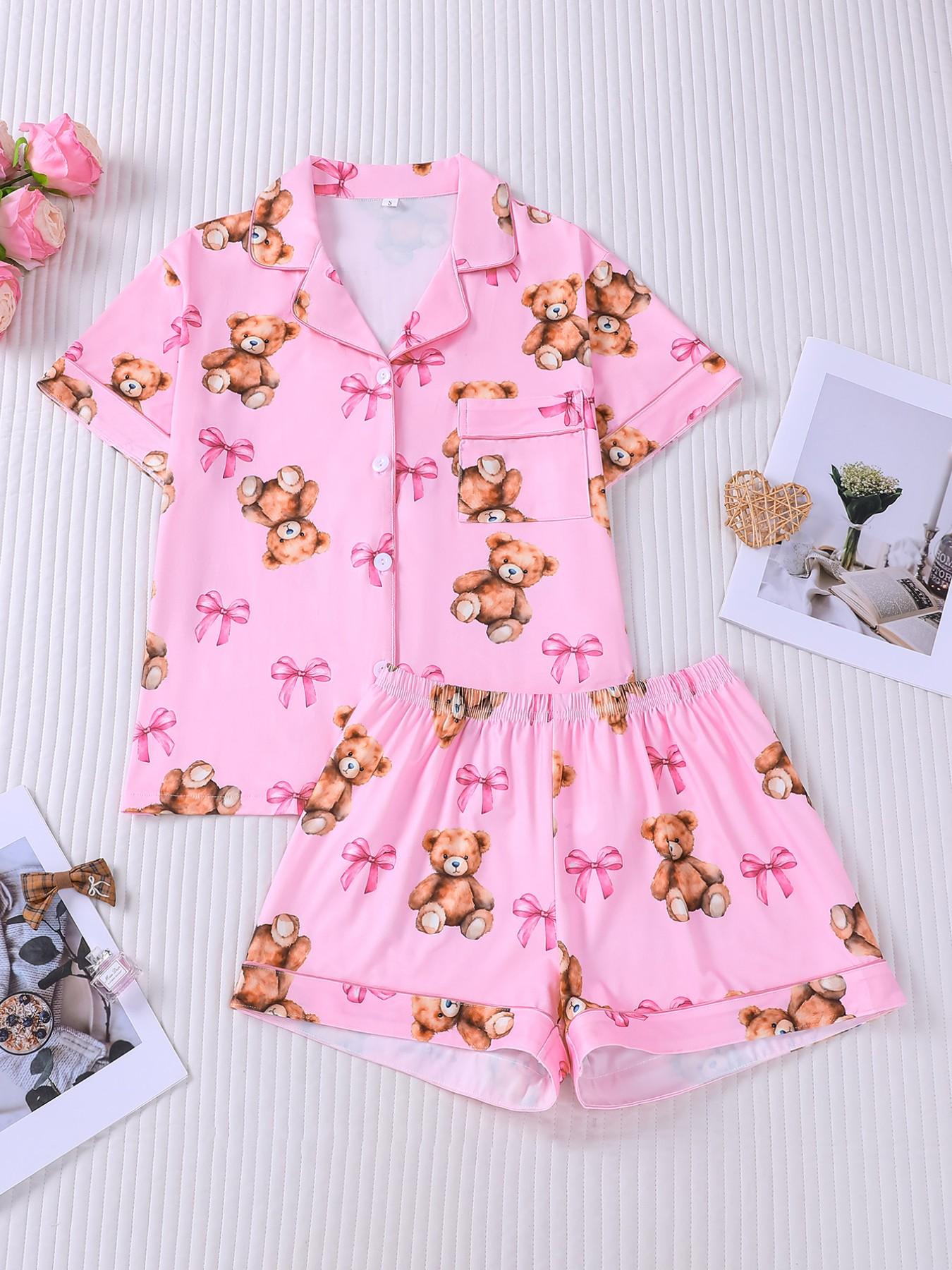 2 Piece Women's Pajamas Set, Pink Teddy Bear Bow Print Short Sleeve Sleepwear, Lapel Button Down Top with Pocket, Elastic Waist Shorts, Cute Cartoon Bear Comfy Loungewear for All Seasons, Daily Casual Homewear