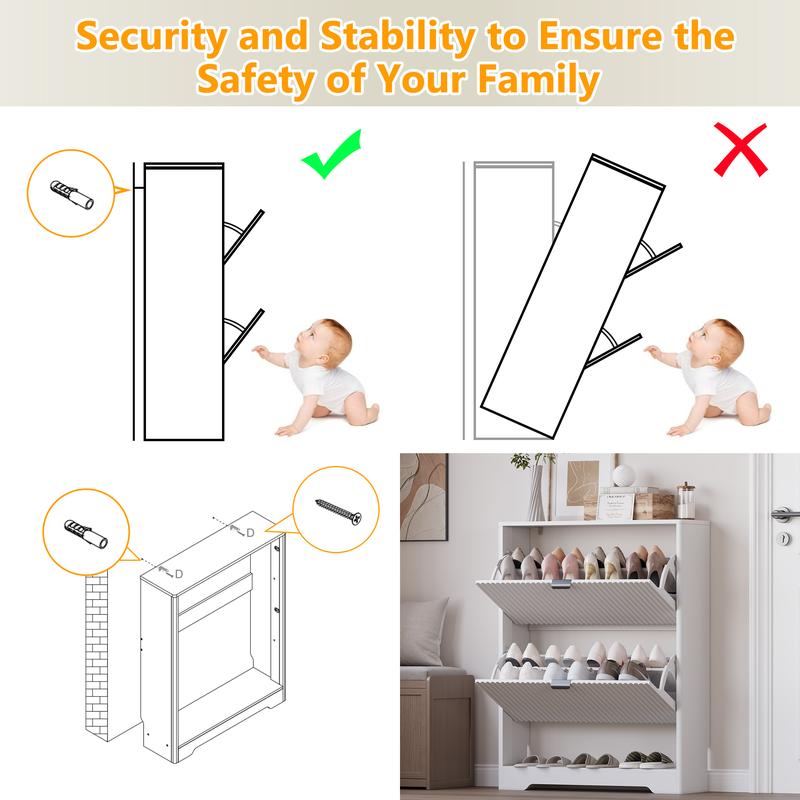 Shoe Cabinet Storage for Entryway with 2 Flip Drawers, Black Fluted Shoe Cabinet with Open Storage, Wooden Hidden Shoe Rack Freestanding Narrow Slim Shoes Organizer for Hallway, Entrance