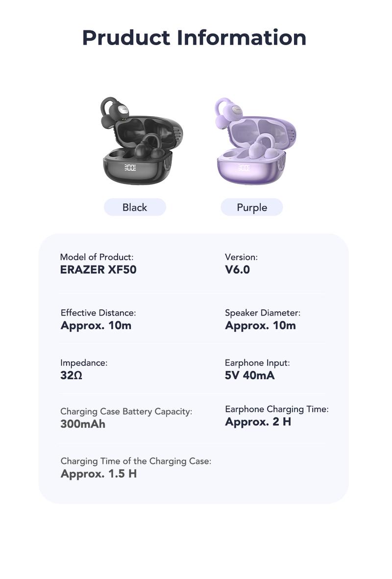 ERAZER XF50 AI clip on translation headphones with 134 language translations, sweat resistant and waterproof, powerful sound effects, and long battery life suitable for music and voice calls, suitable for travel and learning