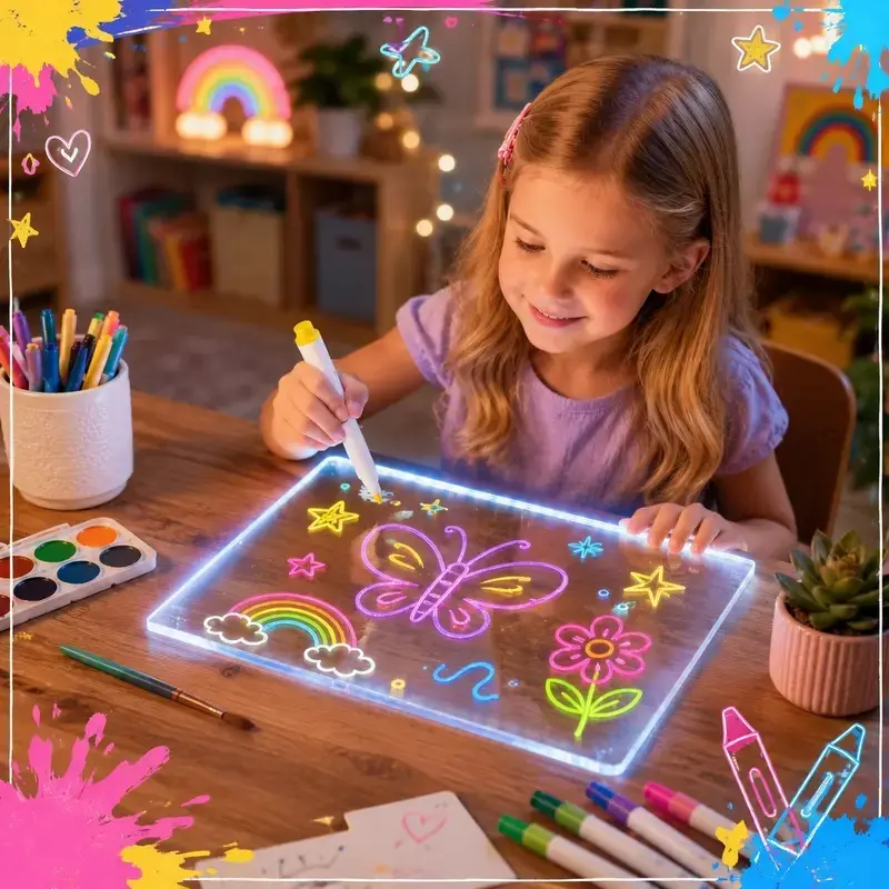 LED Acrylic Writing Board 14x10in, Reusable Light Up Drawing Pad with 7 Color Markers, 6 Glow Modes, Desktop Stand & Hanging Chain, Type-C Powered Message Sign for Bedroom, Dorm, Office, Party Decor & Gifts
