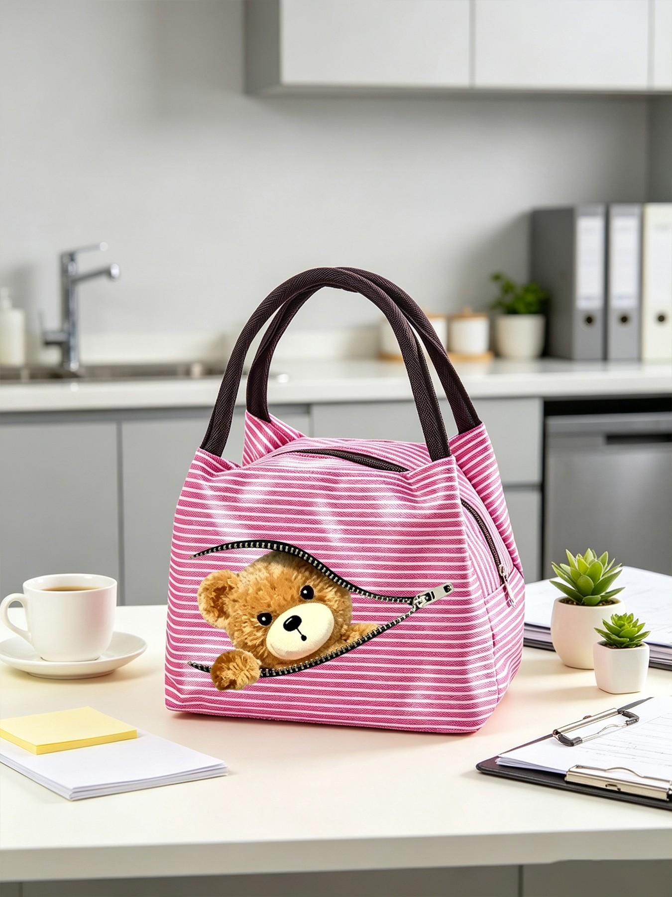 Creative Zipper Bear Lunch Bag, Insulated Meal Pouch, Thick Striped Handle, Large Capacity, Outdoor Picnic, Insulated Lunch Tote, Multiple Colors Available