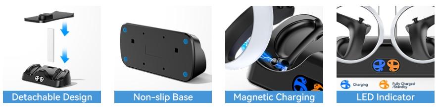 SUNDAY MIRTH Ps5 Vr2 Controller Charging Station with VR Headset Stand, Includes LED Indicator and 2 Magnetic Clips, Essential VR Accessories for Ps Vr2