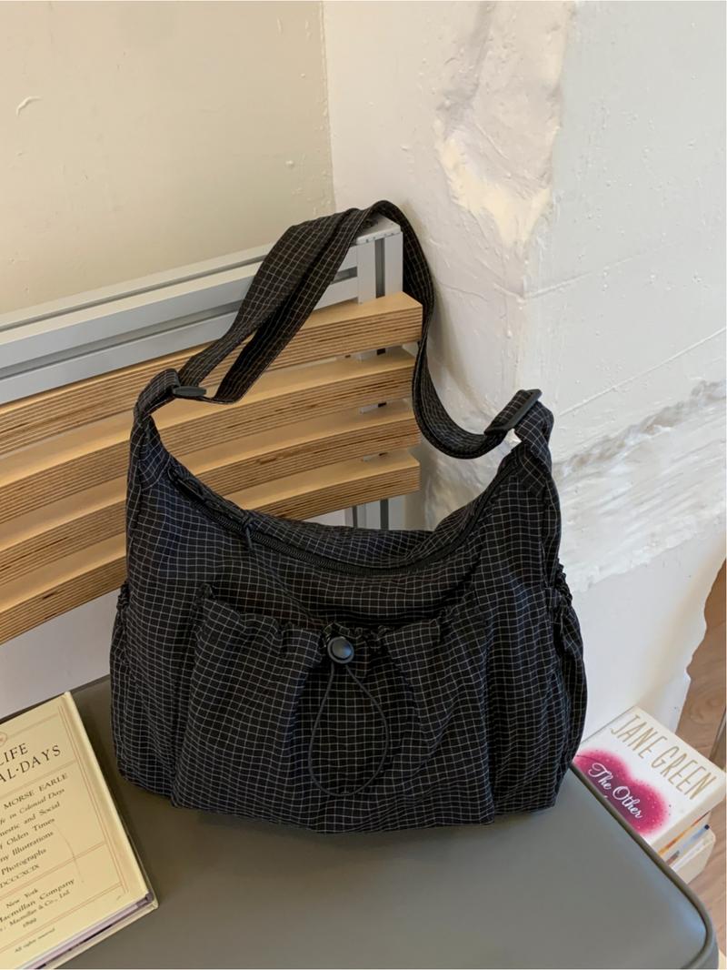 Japanese-Style Minimalist Plaid Canvas Crossbody Hobo Bag, Large-Capacity High-End Commuter Shoulder Bag with Zip Closure, Suitable for Campus, Workplace, Commuting, Casual Shopping and Everyday Use, Hobo Purse