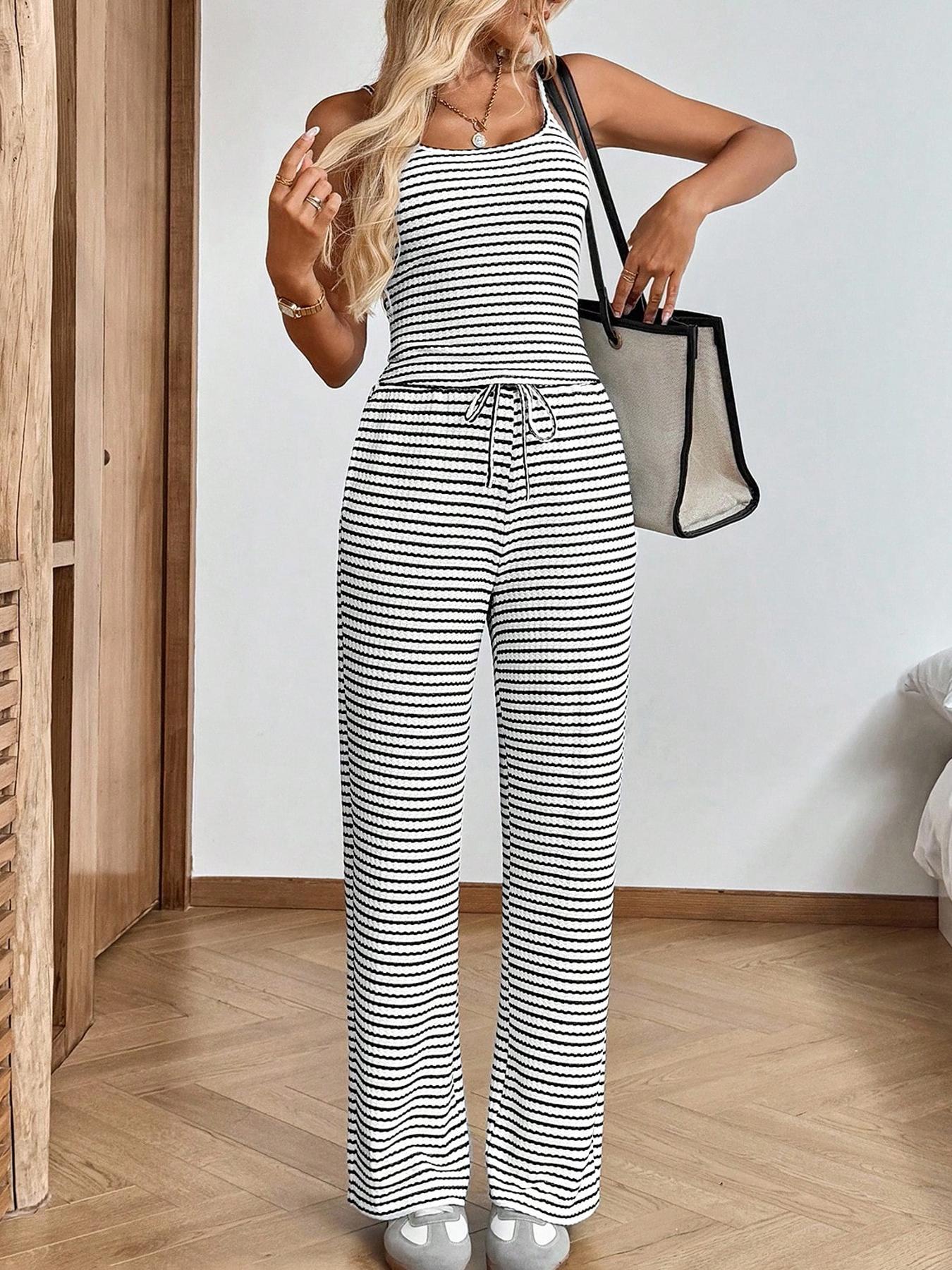 Women's Casual Striped Halter Top and Elastic Long Pants Set, Summer Vacation, 2 Piece Set, Fitted, Stylish and Comfortable