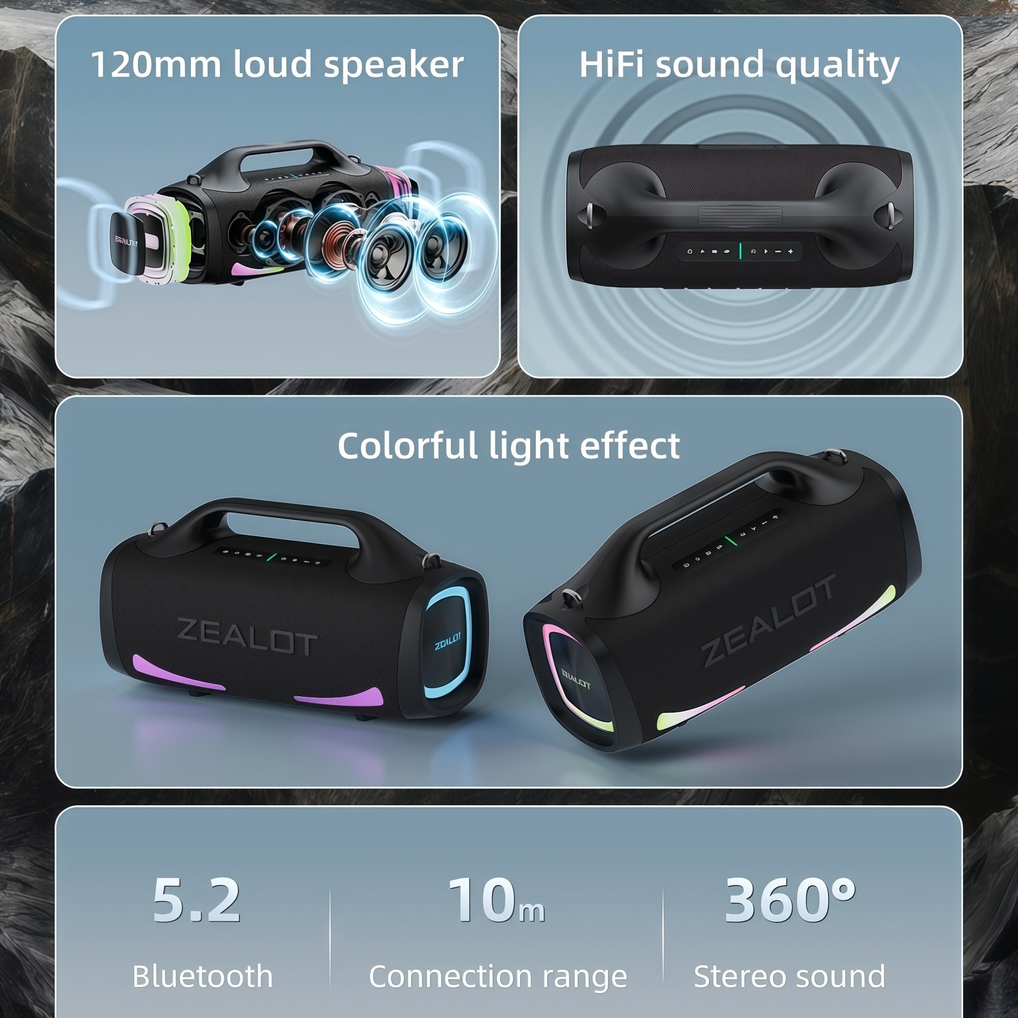 ZEALOT Portable Outdoor Speaker - 100W HIFI Bluetooth, IPX7 Waterproof, 24000mAh 48H Play, RGB Lights, EQ/TWS/PD Fast Charge, Perfect Gift for Gym/Pool.