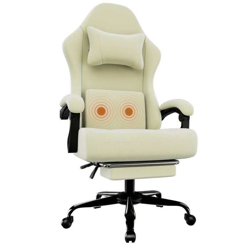 【Bellemave】Massage Gaming Chair with USB Lumbar Pillow - 350lbs Capacity, Retractable Footrest & Independent Pocketed Springs, 90-155° Recline