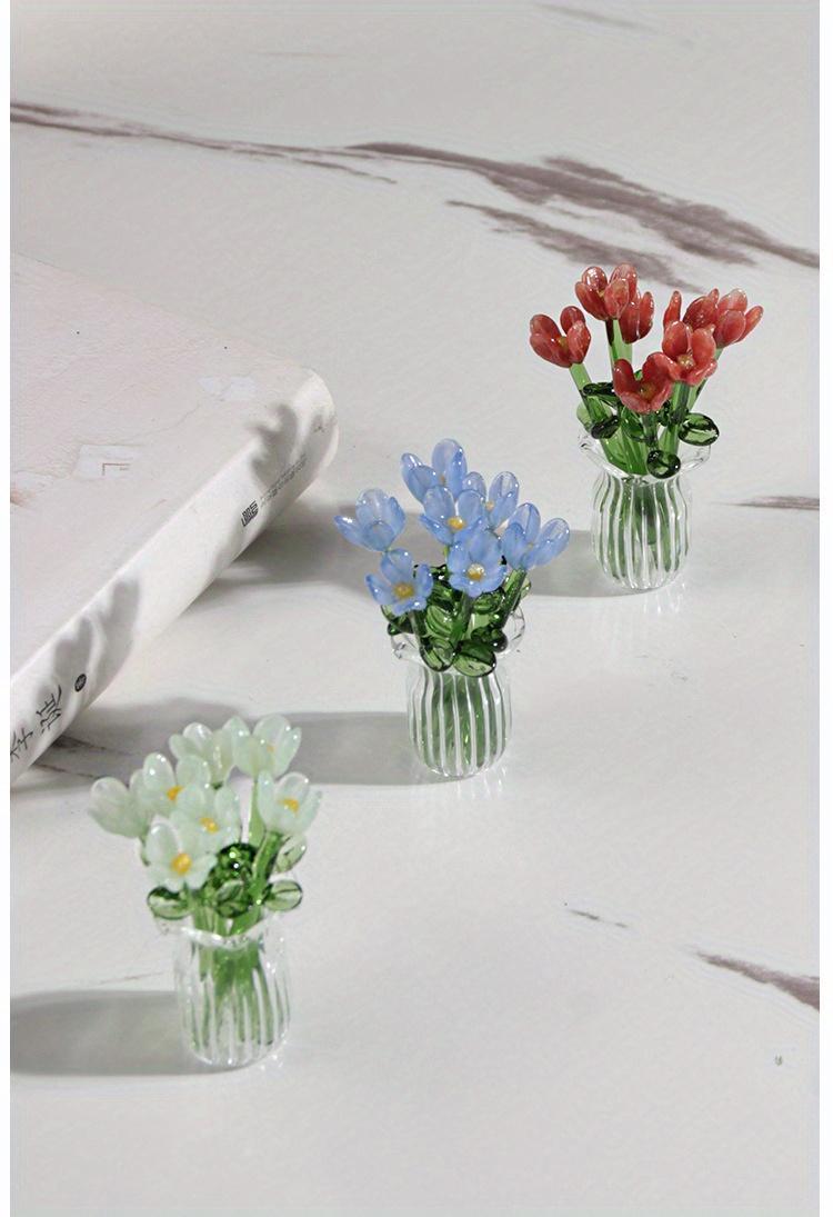 1 set (7 flowers+1 vase) glass simulation flower decoration ornaments, handcrafted mini glass flowers, DIY flower arrangement bouquets, faux flowers, Artificial mixed flower, Decorative Flowers Bouquet, suitable for gifting, event decorations