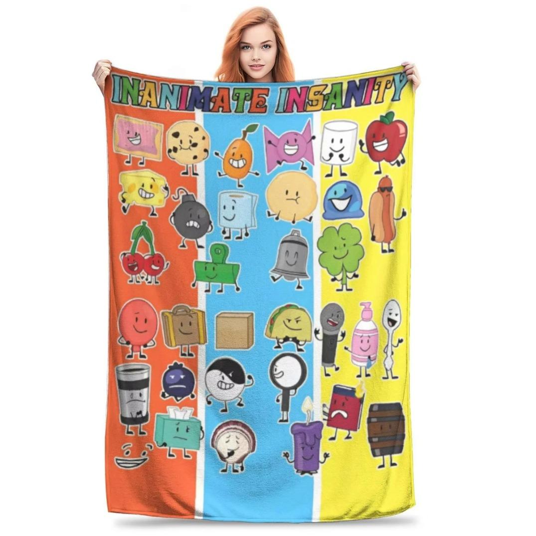 BFDI Inanimate Insanity Cartoon Blanket All Characters Plush Soft Vintage Flannel Throw Blanket for Couch Sofa Chair Bedroom All Season Cozy Aesthetic Fan Gift for Kids Teens Birthday Christmas Halloween Trending Viral Home Decor Blanket