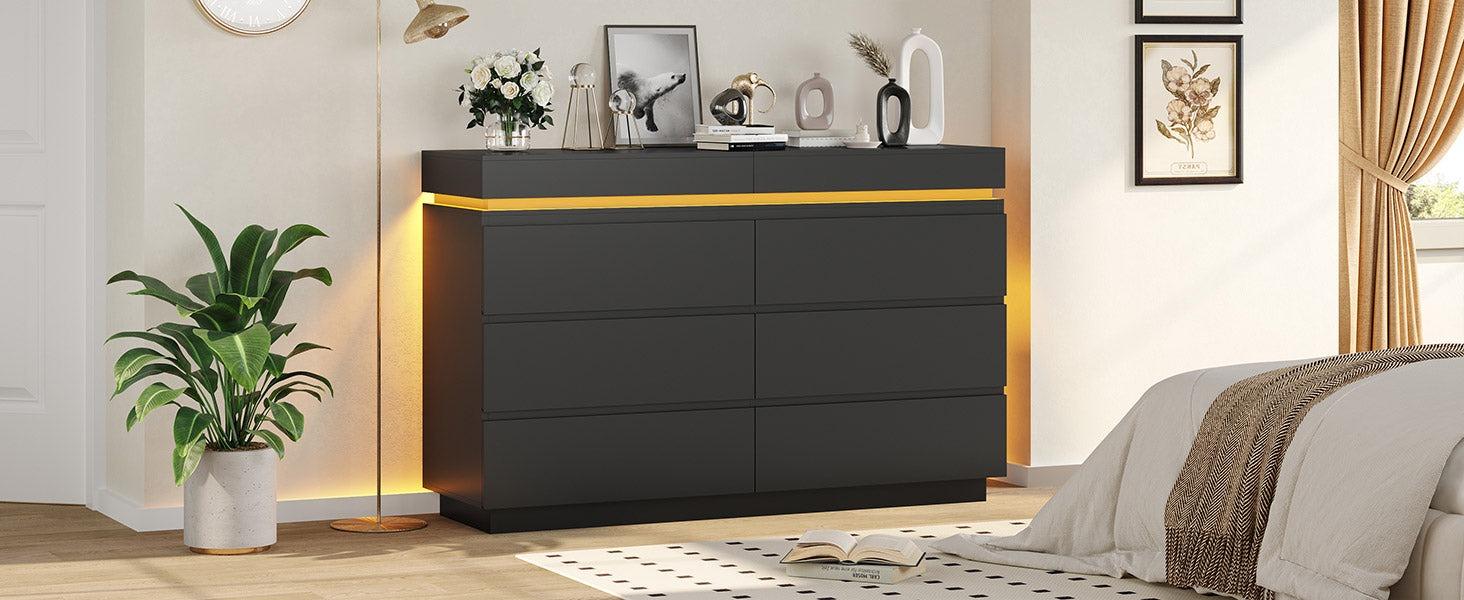 Sikaic Modern 6 Drawer Dresser with Sliding Desktop, Wide Chest of Drawers with Charging Station & LED Lights, Large Storage Tower Clothes Organizer, Black Dresser for Bedroom