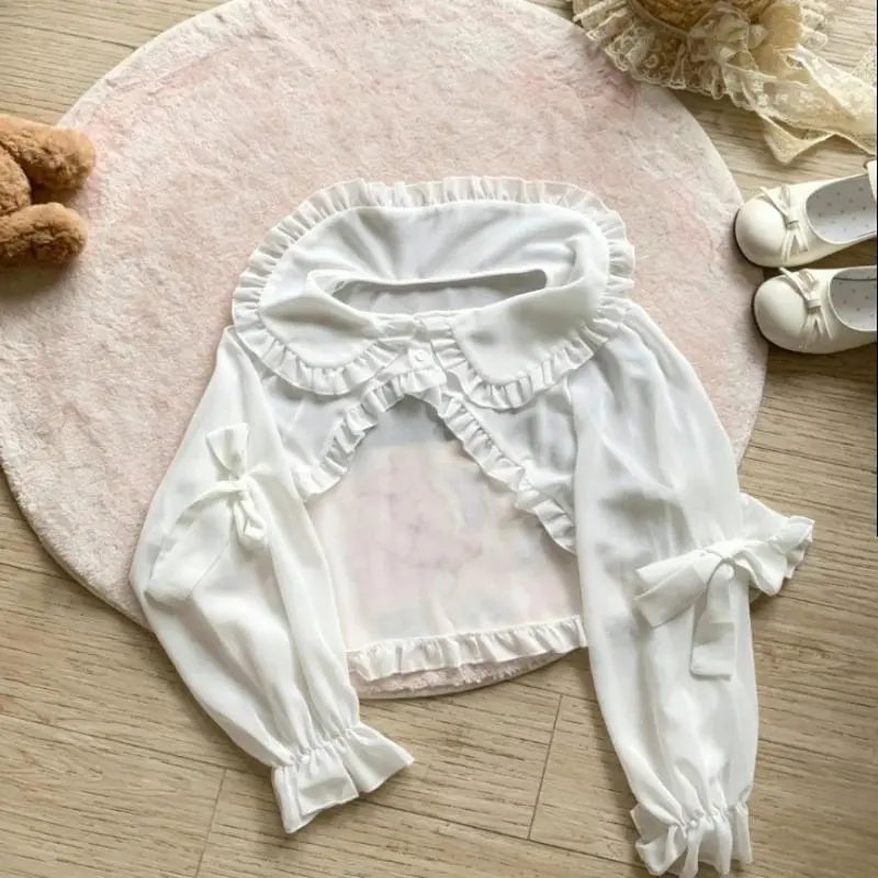 Vintage Sweet Lolita Blouses Women Japanese Elegant Ruffles Puff Sleeve Tops Female Cute Bow Slim Shirt Retro Blusas