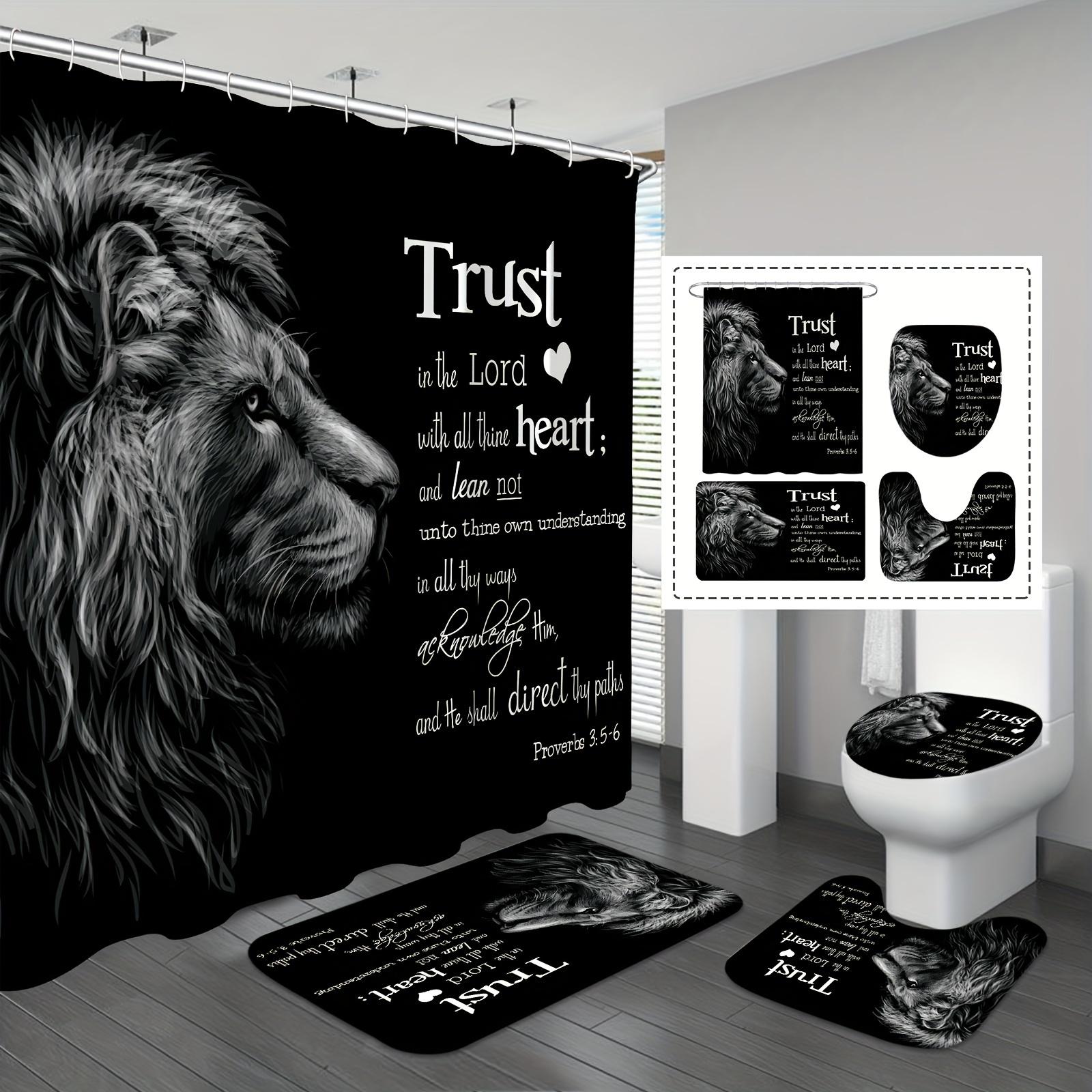 4pcs Lion of Judah Bible Verse Shower Curtain Set with Non-Slip Bath Rug, U-Shaped Toilet Mat & Lid Cover - High Quality Christian Faith Bathroom Decor, Hebrews 13:5 Psalm 23:1 Inspired Lion Print Accessories Kit, Shower Curtain For Bathroo