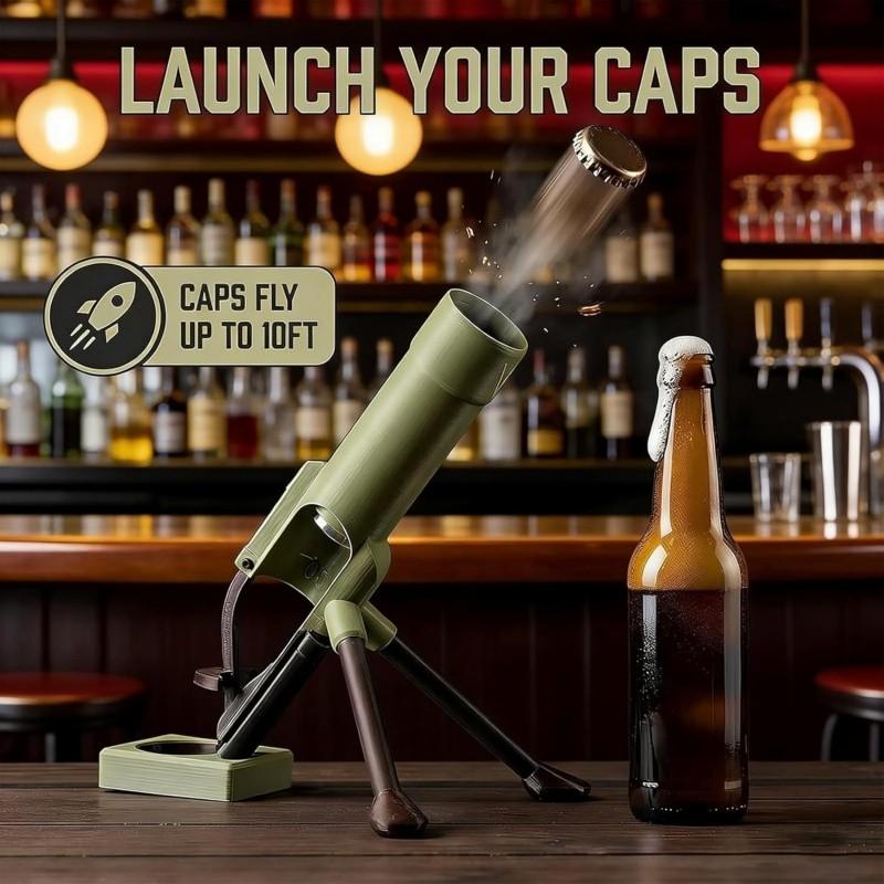 Beer Bottle Mortar Bottle Opener, 51mm Mortar Beer Bottle Opener Heavy-Duty Tactical Cap Launcher Hands-Free Push Down Opener Men's Exclusive Space for Bar & Desk Decor