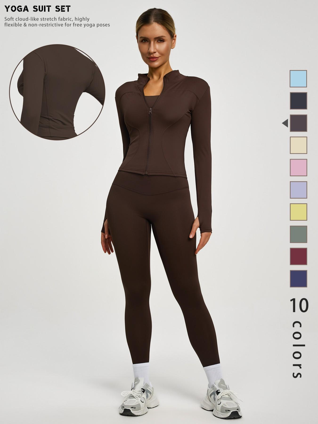 New Women's Solid Color Casual Fashion High-End Long Sleeve Quick-Dry Sports Set, Yoga Essential Jacket, Elastic Tight Yoga Pants, Activewear Clothing