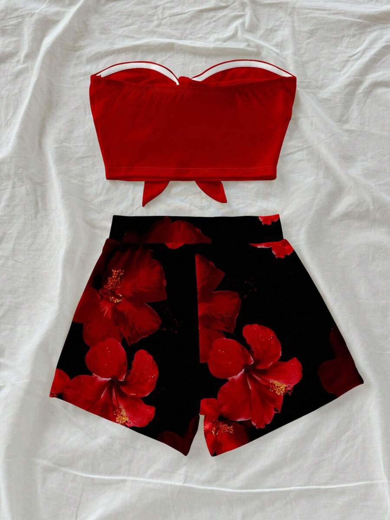 Women's Two-Piece Casual Bohemian Vacation Tie Front Crop Top and Print Shorts Set, Summer Beach Wear, Daily Festival Clothing