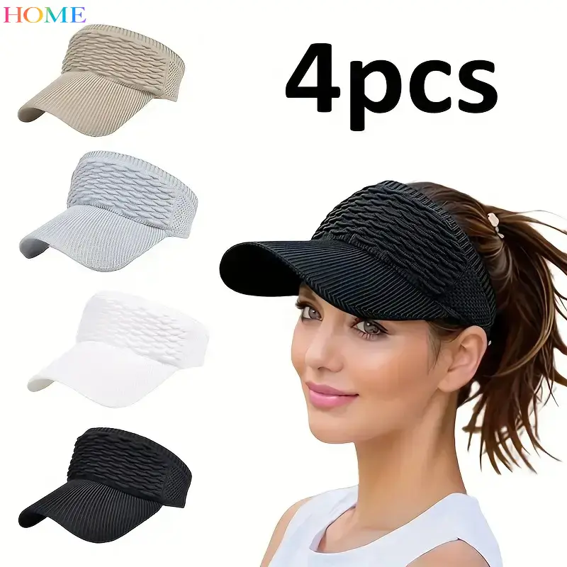 HOME Women's 4-Piece Adjustable Mesh Athletic Training Hats Set - Extendable Open-Top Sun Shade Caps, Lightweight Breathable Visors, Accessories Women, Ideal Running, Hiking (Black + Black 2pcs), Female & Outdoor Gear, Mesh Hat