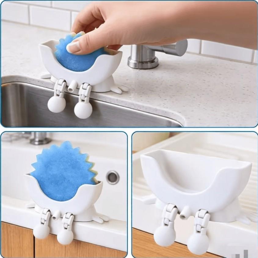 Smiley Dish Sponge Holder, Hinge Joint Adjustable Kitchen Sink Bathroom Sponge Rack, Drainage Slot Countertop Storage Box