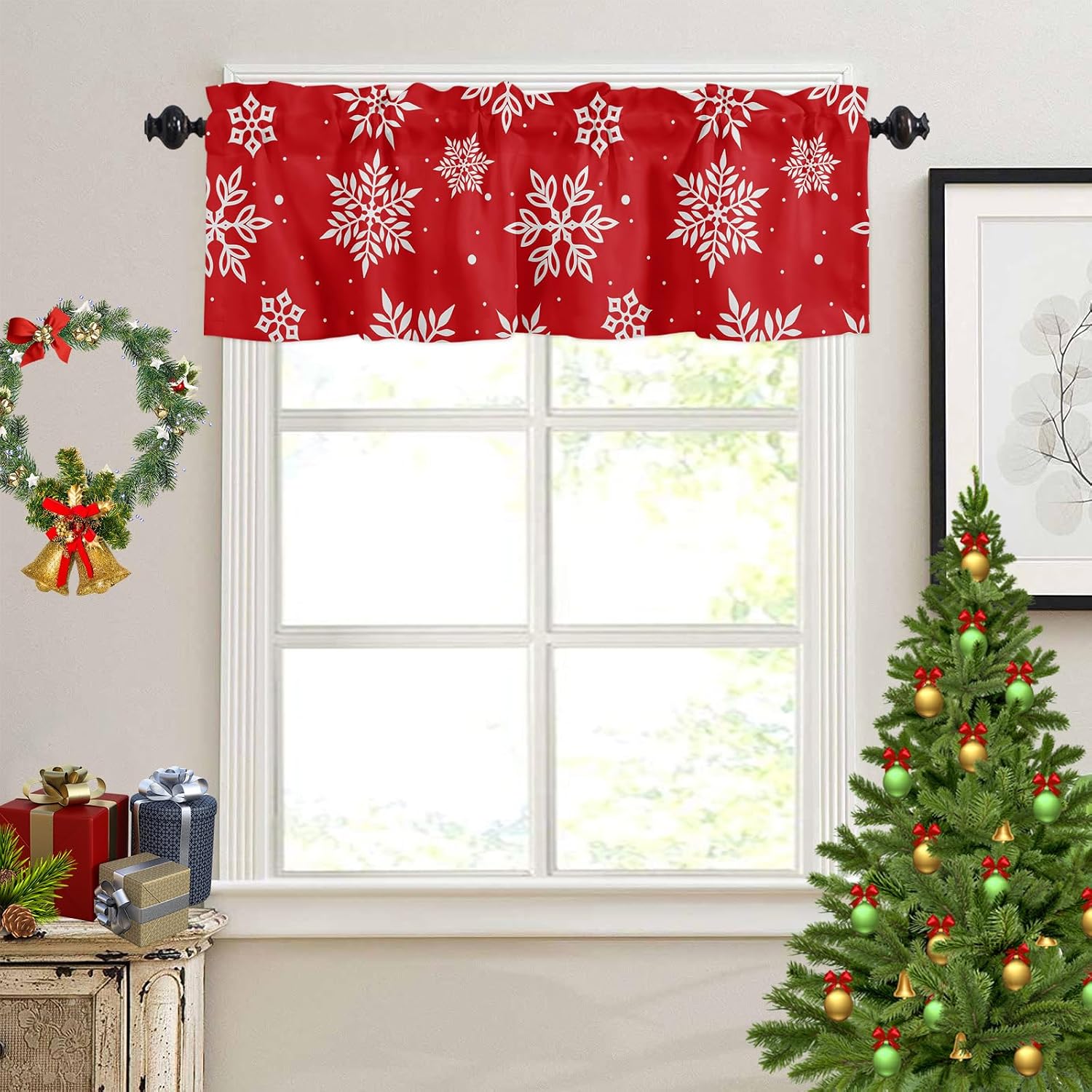 Christmas Window Curtain Valance for Kitchen Bedroom, Snowflakes Printed Red Short Curtain Valance Christmas Decoration Rod Pocket for Bathroom Living Room,54" x 18", 1 Panel