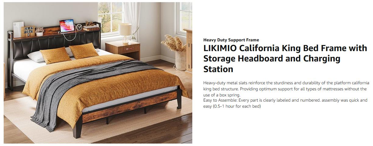 LIKIMIO Bed Frame, Storage Headboard with Charging Station, Solid and Stable, Noise Free, No Box Spring Needed, Easy Assembly