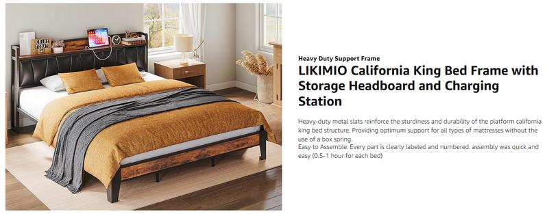LIKIMIO Bed Frame, Storage Headboard with Charging Station, Solid and Stable, Noise Free, No Box Spring Needed, Easy Assembly LIKIMIO Bed Frame, Storage Headboard with Charging Station, Solid and Stable, Noise Free, No Box Spring Needed, Easy Assembly