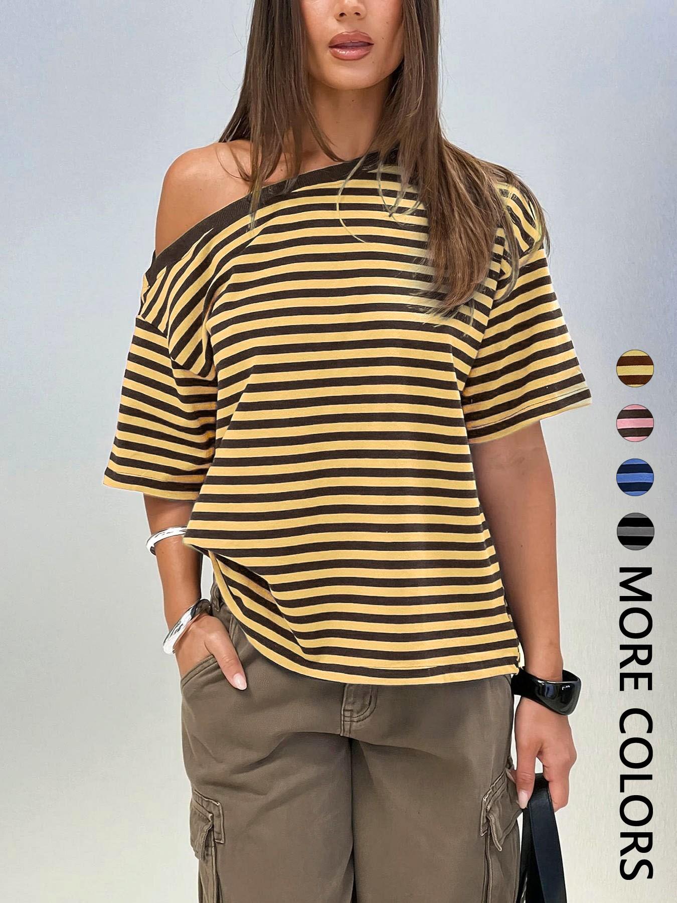 Women's Striped Off-Shoulder T-Shirt, Lightweight Casual Loose Fit Top, Comfortable Daily Wear, Trendy Summer Fashion