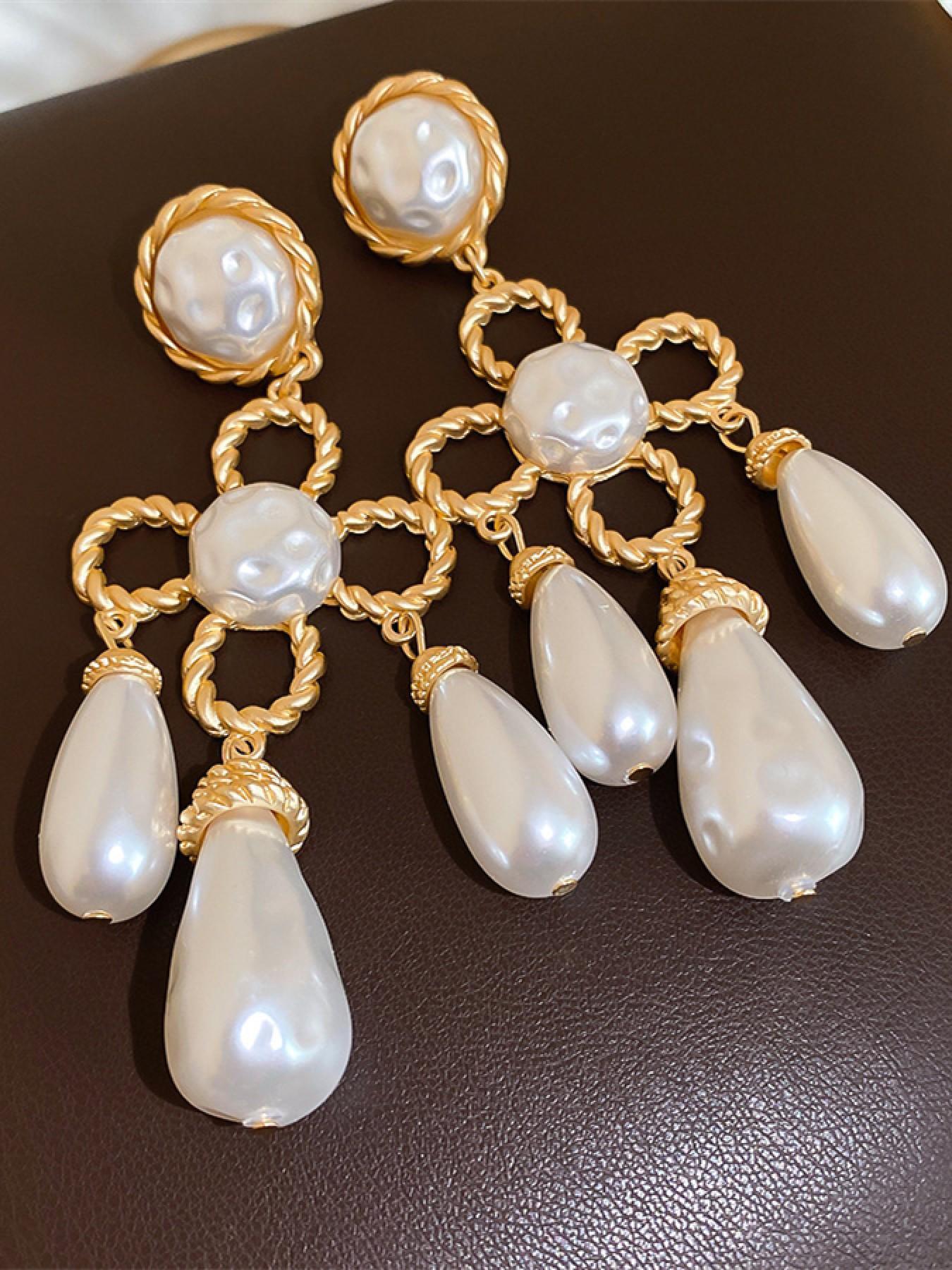 Vintage Irregular Imitation Pearl Teardrop Earrings for Women, Casual Style, All Seasons, Zinc Alloy Chain, Wedding & Daily Wear