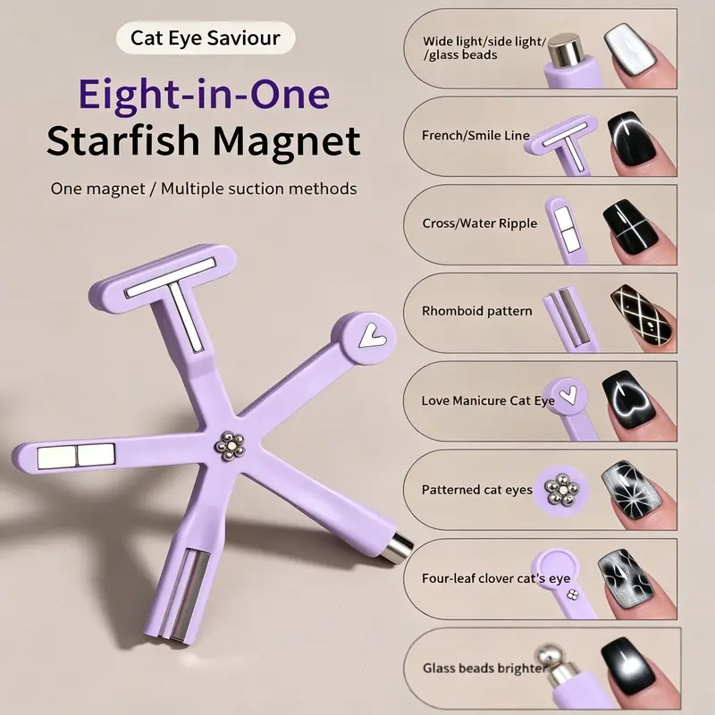8 in 1 Purple Cat Eye Nail Art Magnet Strong Magnetic Attraction Multiple Fancy Patterns Powerful Magnet Creates Clear Cat Eye Effect DIY Home Nail Salon Quality Versatile Nail Tool Practical Essential Easy Operation Beginner Friendly Nail Art Tools