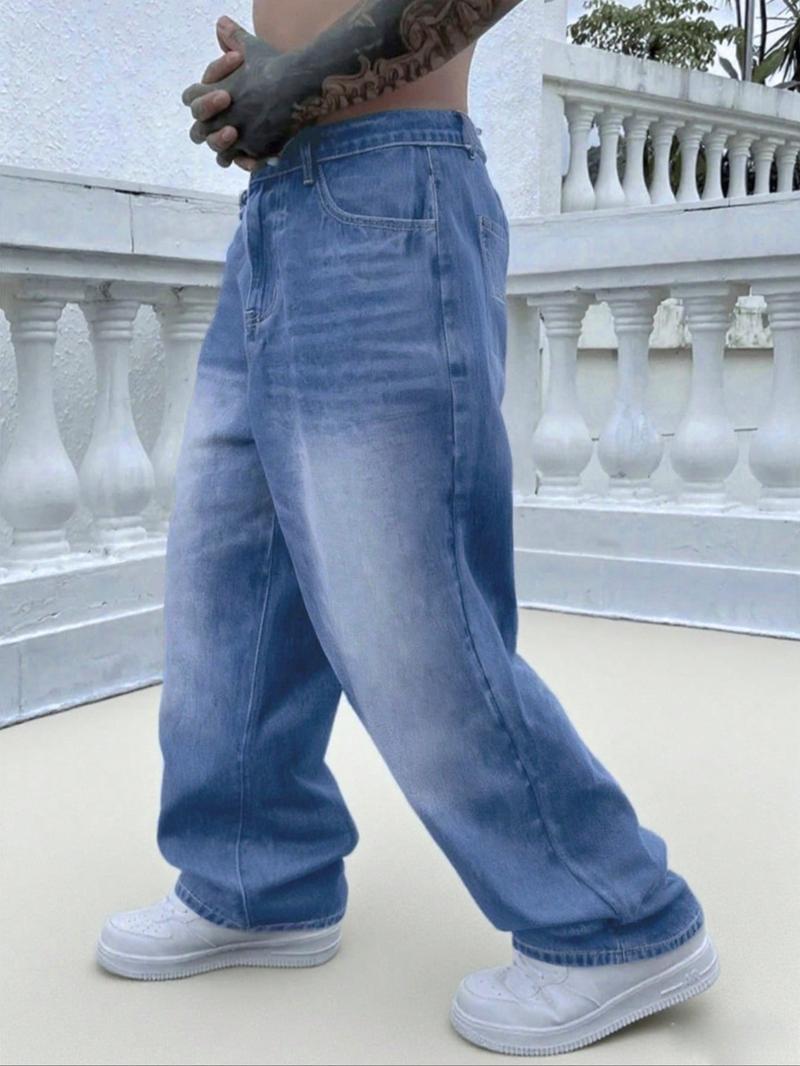 Men's Vintage Washed Denim Jeans, Basic Loose-Fit Wide-Leg Style, American Streetwear Trendy Look, Cotton Fabric, All Seasons