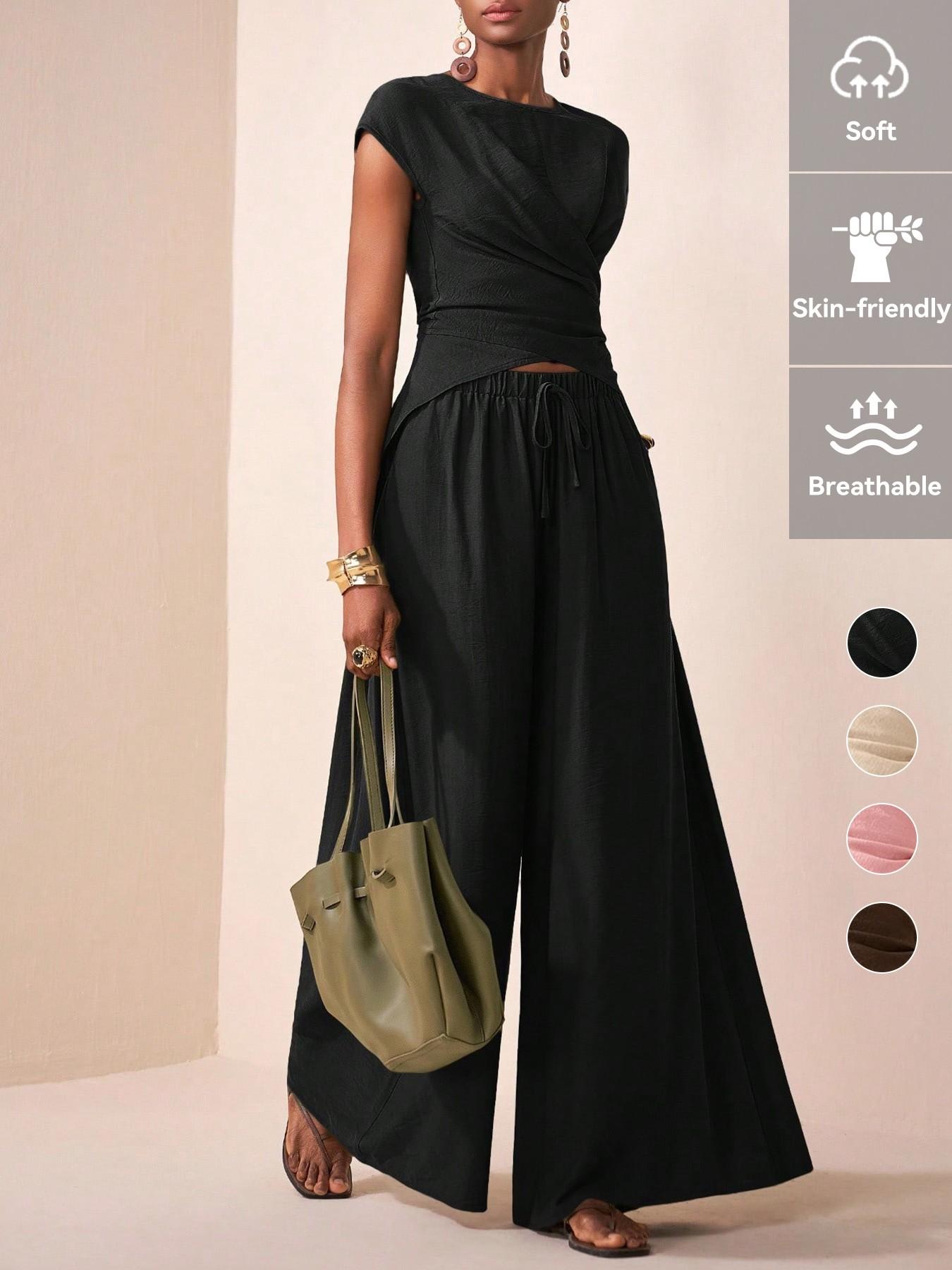 Women's Two-Piece Cross Top and Pants Set, Summer Sleeveless Loose Fit, Breathable Comfortable Casual Wear for Daily Use