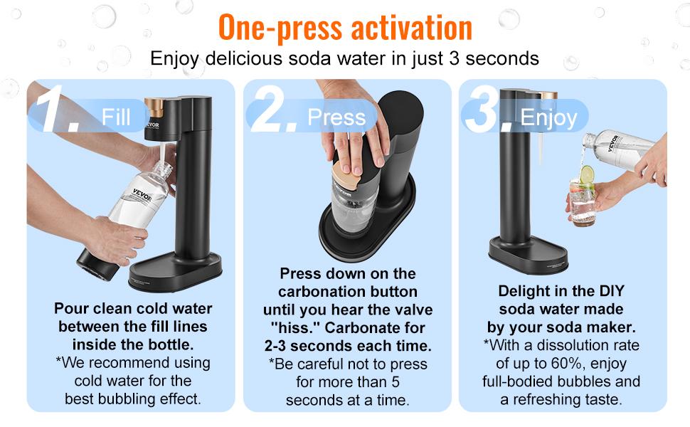 VEVOR Automatic Plastic Sparkling Water Maker Soda Starter Kit - Travel-Friendly, Natural, Additive-Free, Sugarless Carbonation, 2 BPA-Free 1L PET Bottles, Mainstream Screw-In 60L CO2 Cylinders Compatible (Not Included), Black